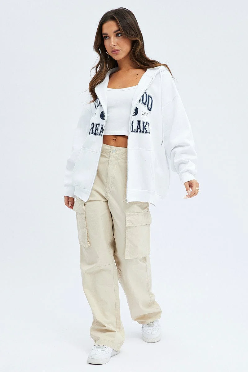 White Zip Hoodie Long Sleeve Graphic