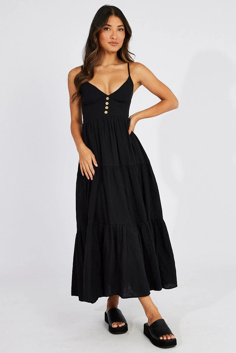 Black Abstract Midi Dress Sleeveless V-Neck