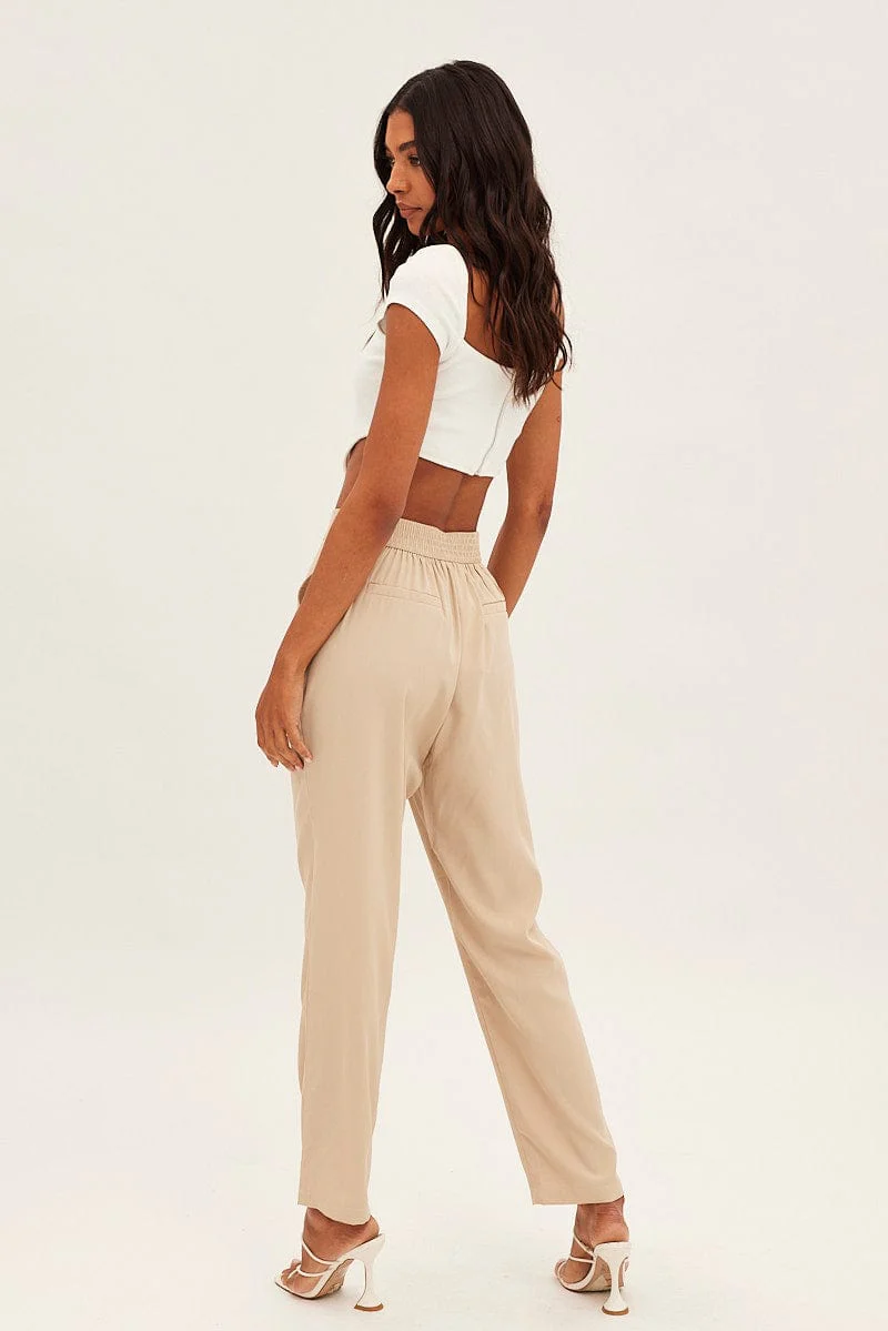 Beige Bone Pleated Waistband Detail Tailored Pant
