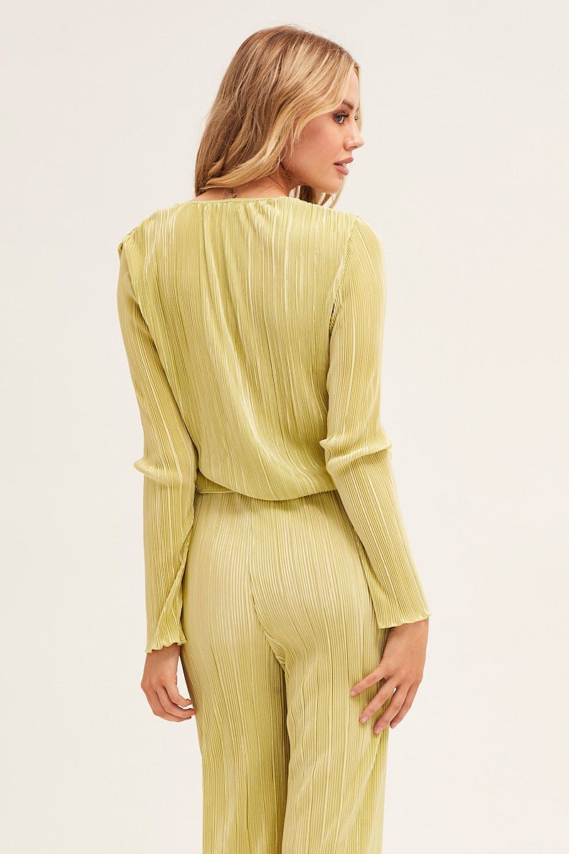 Green Plisse Top Tie Front Long Sleeve
