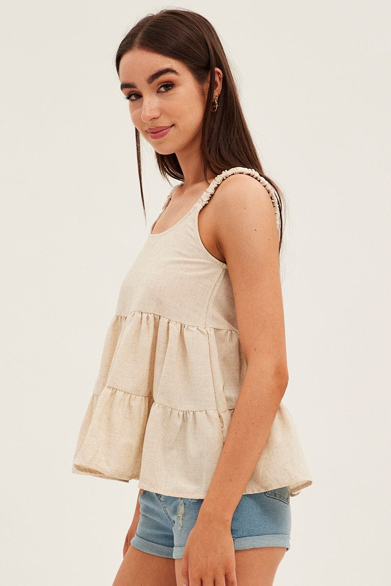 Beige Tiered Top Sleeveless Scoop Neck Linen Blend