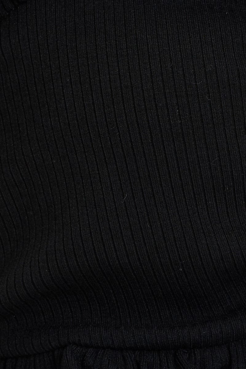 Black Ruched Frill Detail Ribbed Crop Top