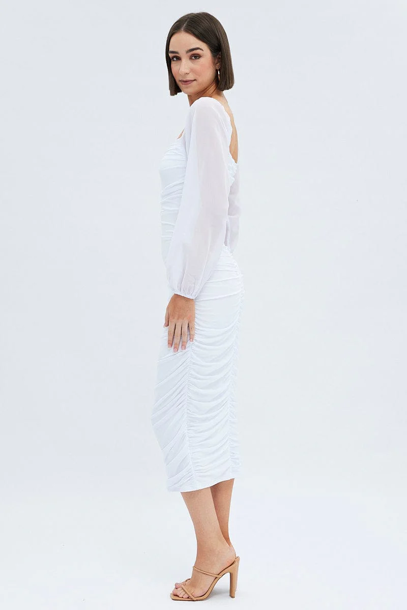 White Midi Dress Long Sleeve Square Neck Ruched Bodycon