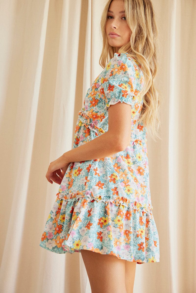 Print Mini Dress Short Sleeve V Neck