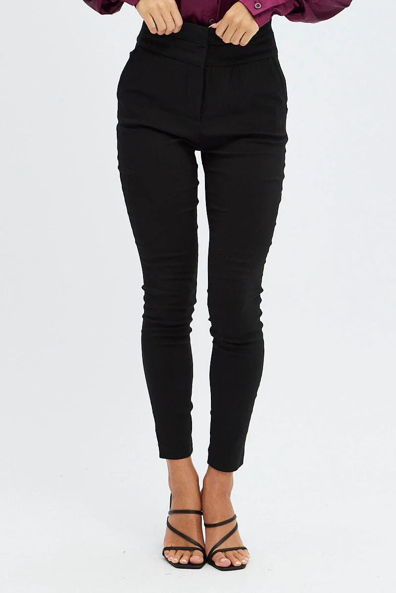 Black Slim Pants High Rise Belted Workwear