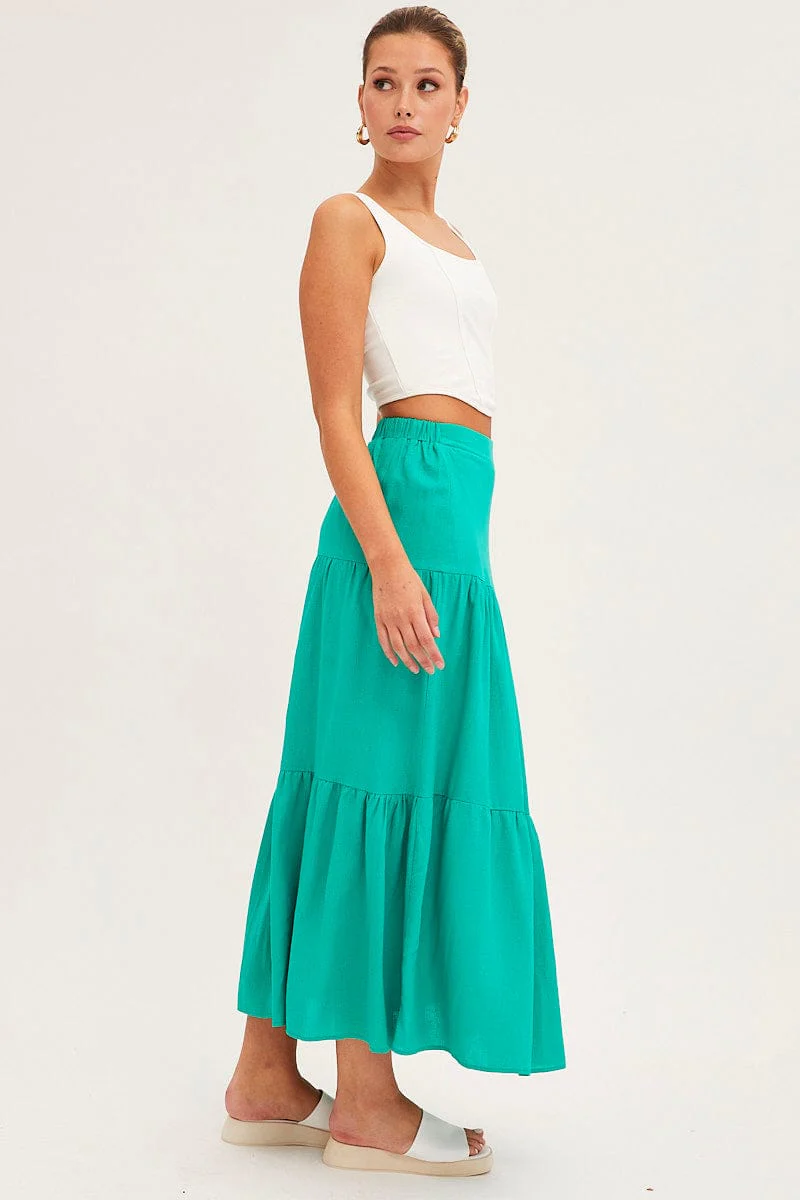 Green Maxi Skirt High Waist Split Tiered