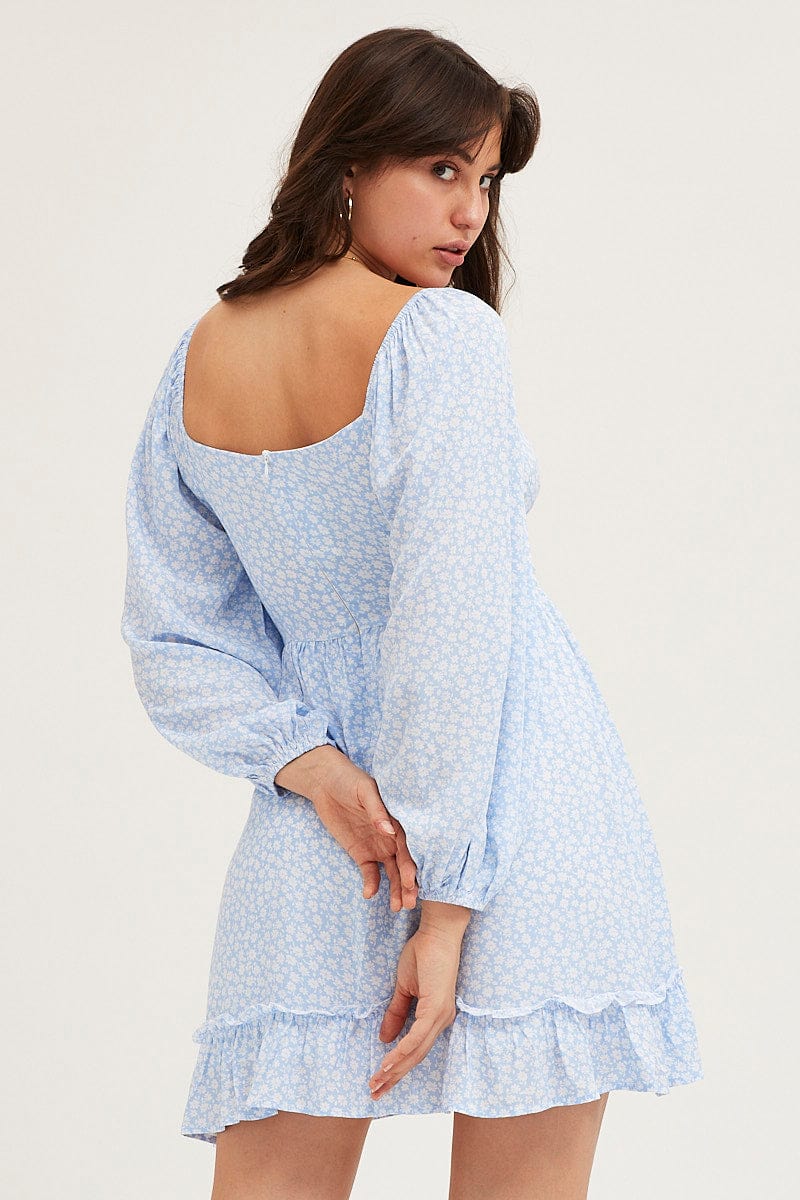 Daisy Print Long Sleeve A-Line Mini Dress