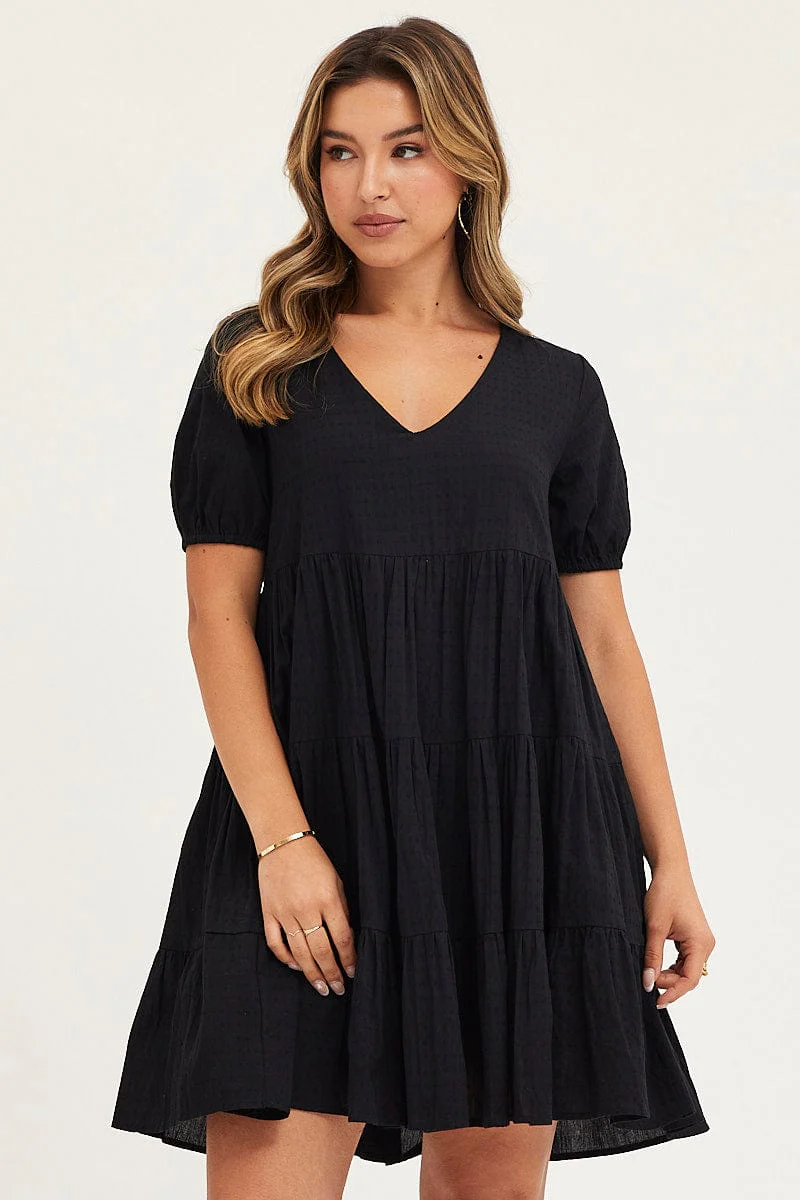 Black Tiered Dress Puff Sleeve Mini