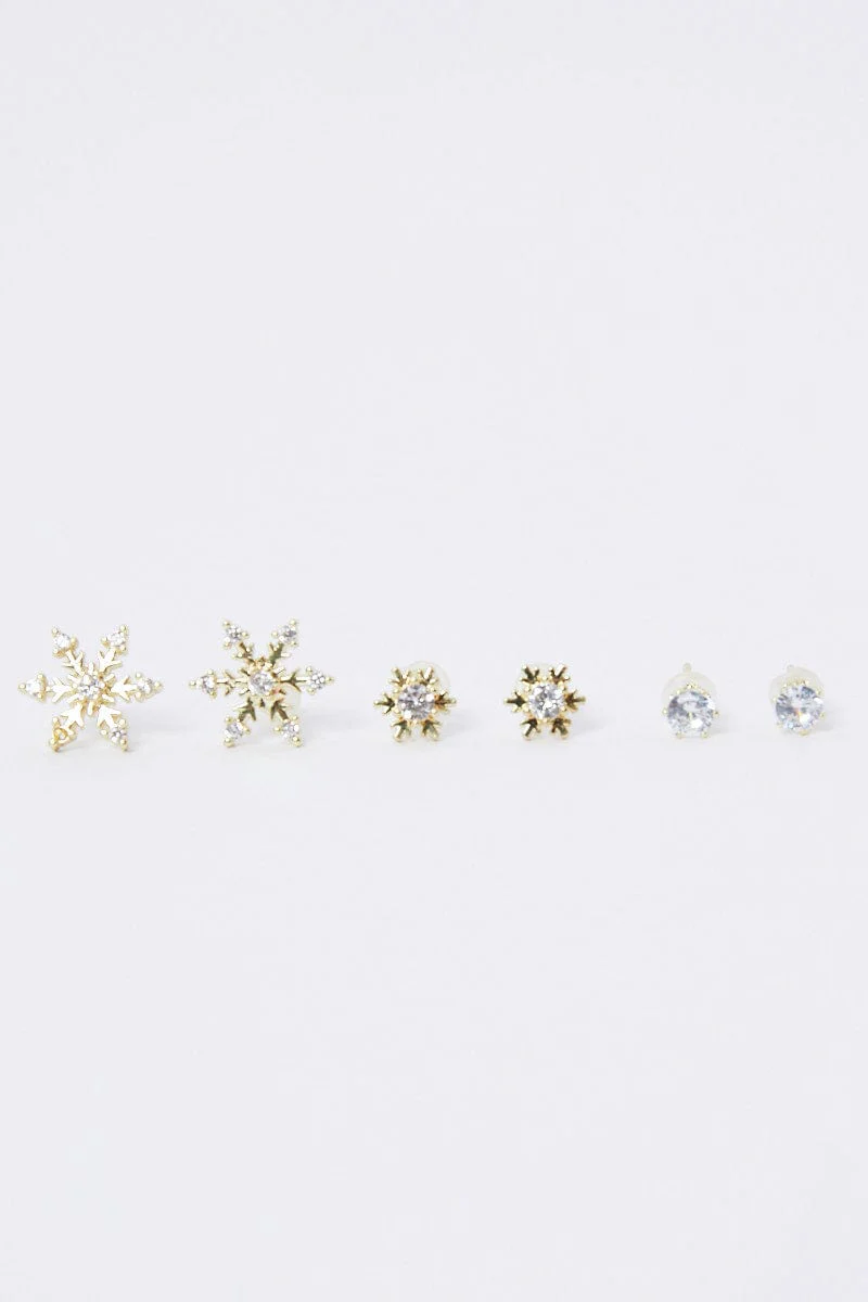 Gold 3 Pack Snowflakes Earrings Set