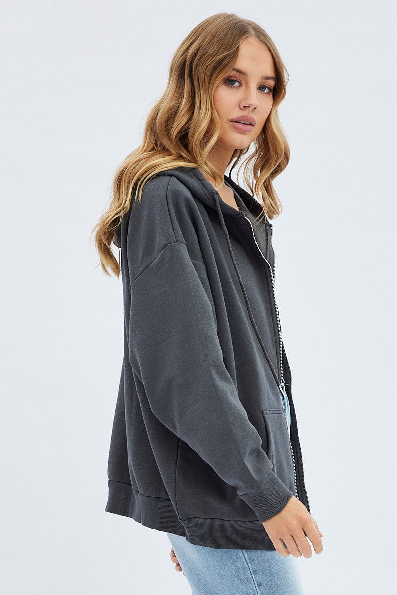 Grey Hoodie Zip Long Sleeve Embroidery