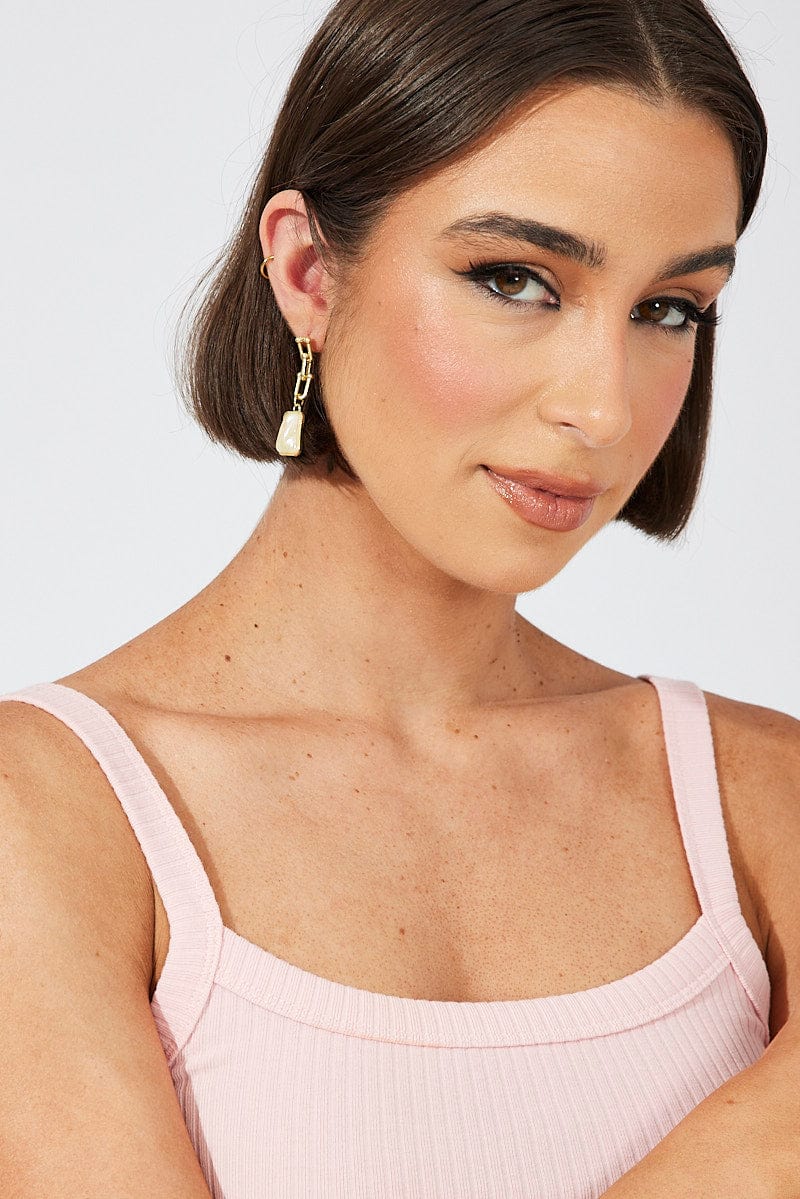 Gold Square Faux Pearl Earrings