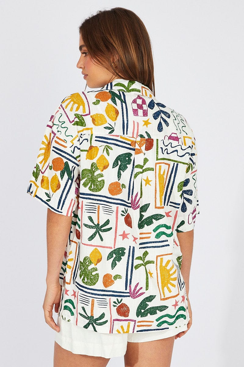 Multi Abstract Shirt Short Sleeve Linen