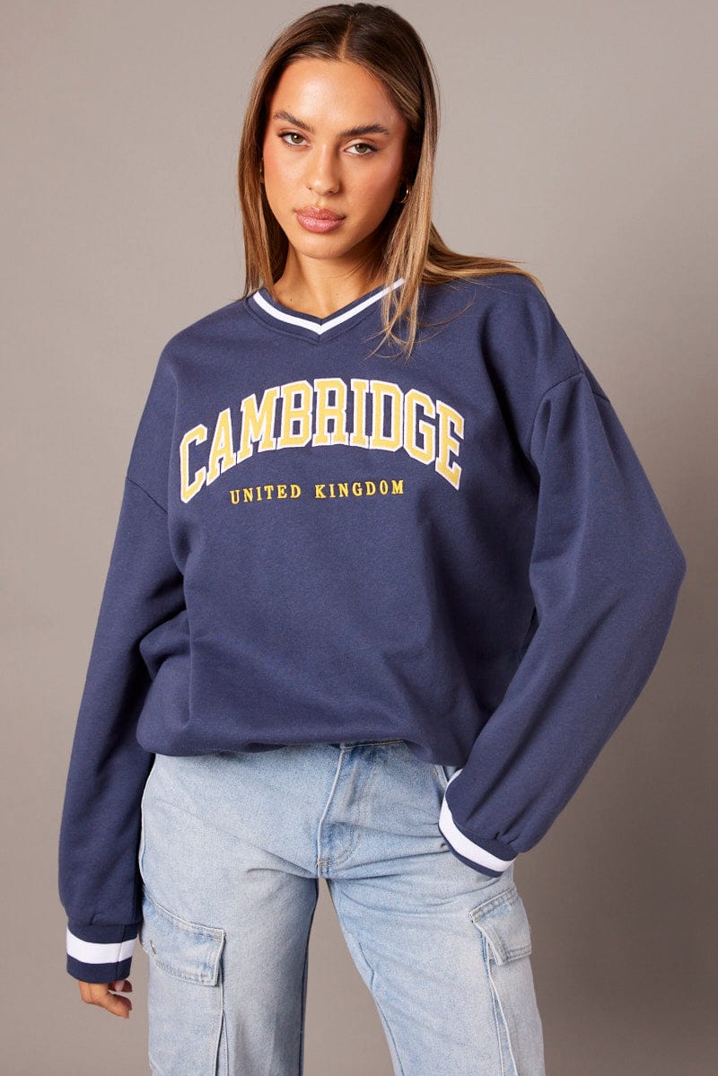 Blue Graphic Sweater Long Sleeve