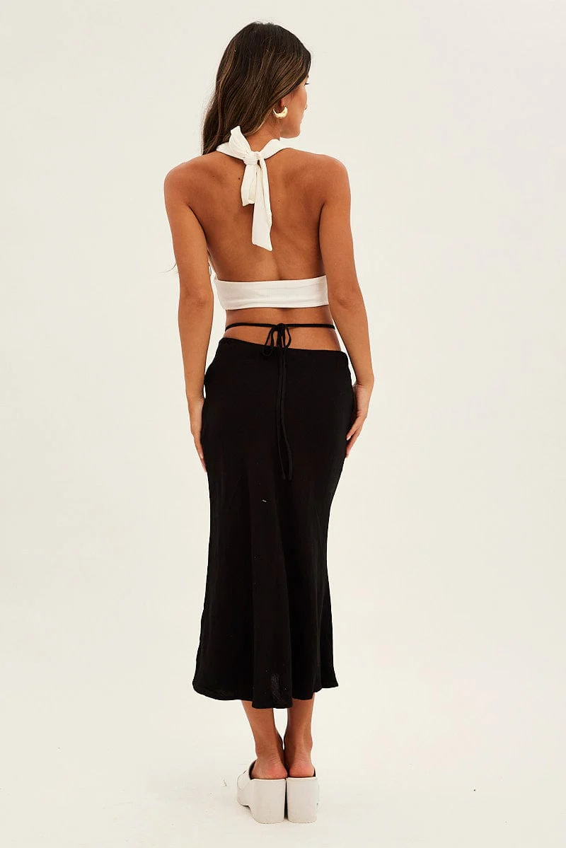 Black Linen Blend Waist Tie Slip Midi Skirt