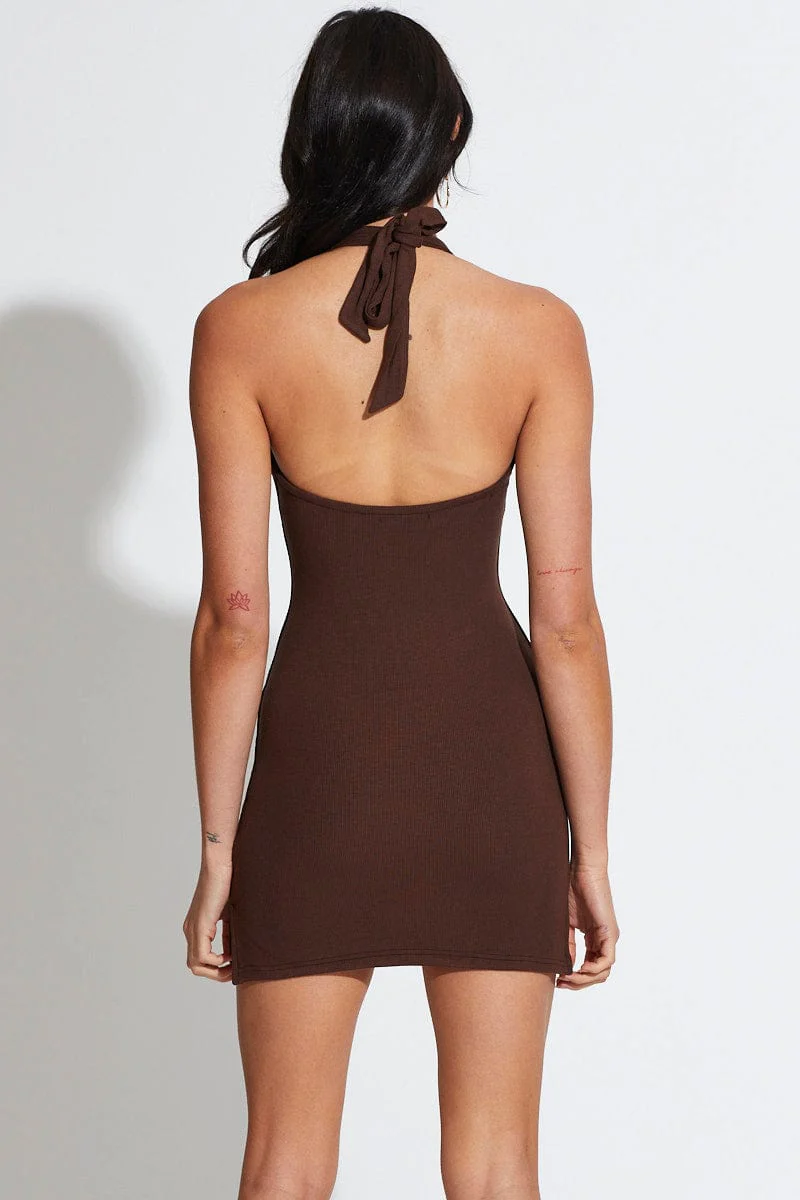 Brown Mini Dress Halter Neck