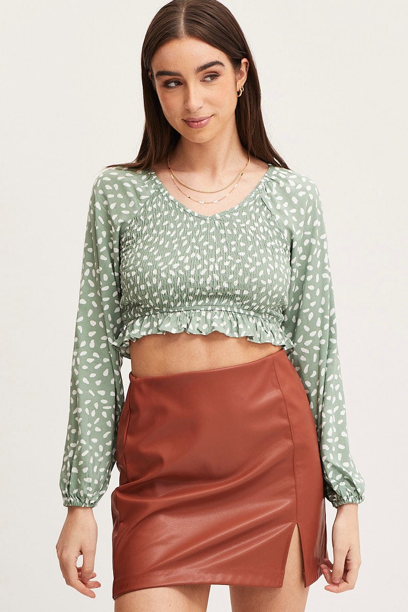 Geo Print Crop Top Long Sleeve