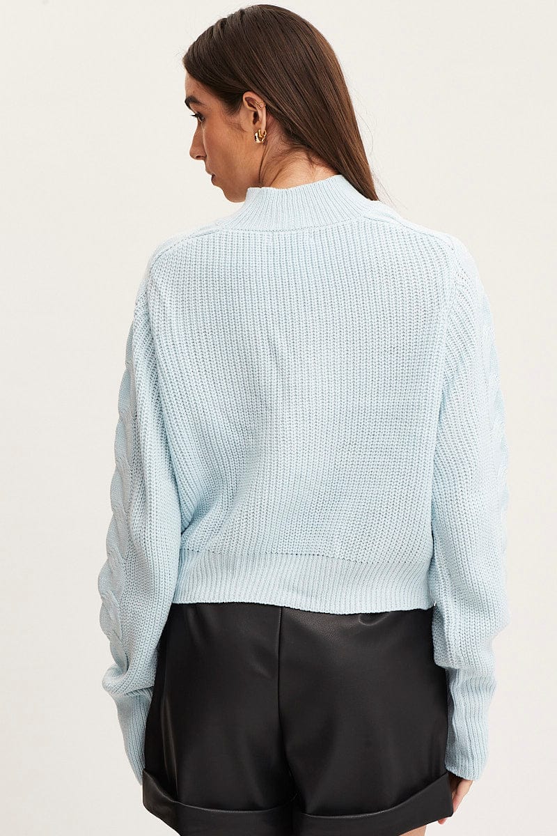 Blue Knit Top Long Sleeve Relaxed Turtleneck Cable