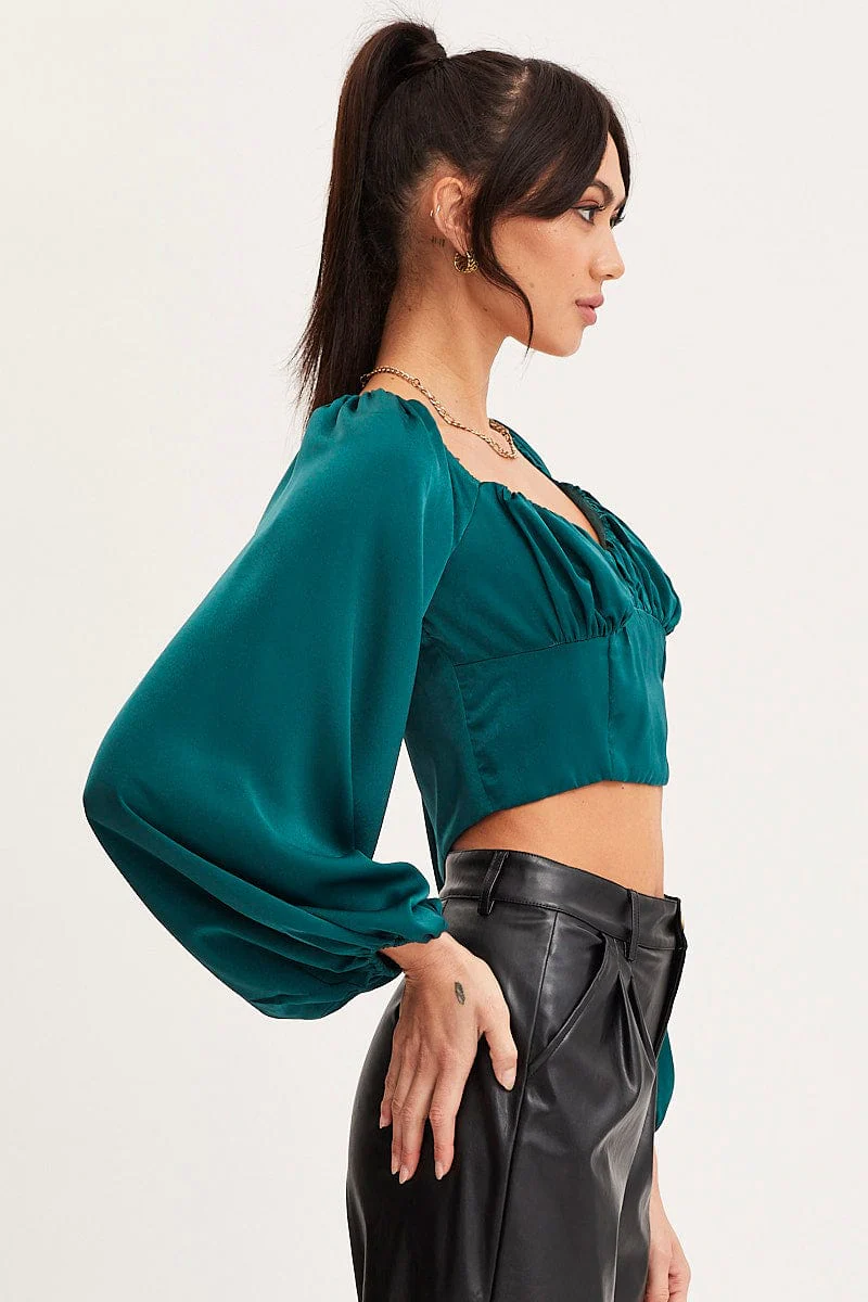 Green Puff Sleeve Top Long Sleeve Crop Satin