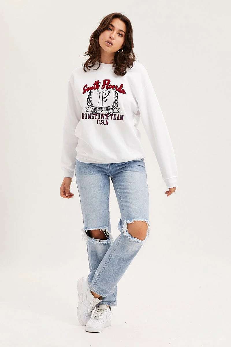 White Graphic Sweater Embroided