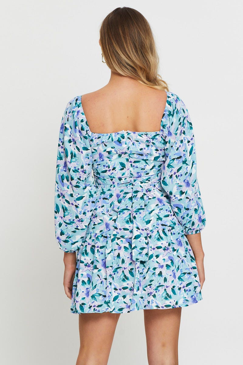 Print Mini Dress Square Neck