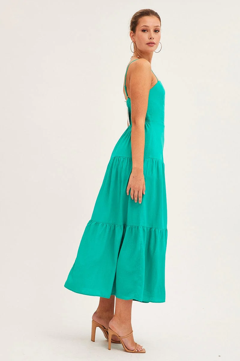 Green Maxi Dress Sleeveless Square Neck Linen Blend