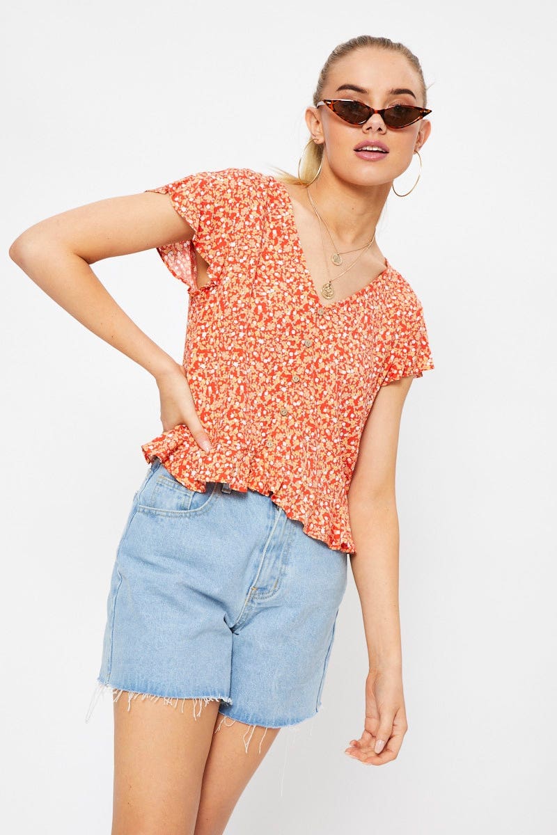 Print Button Down Ruffle Top