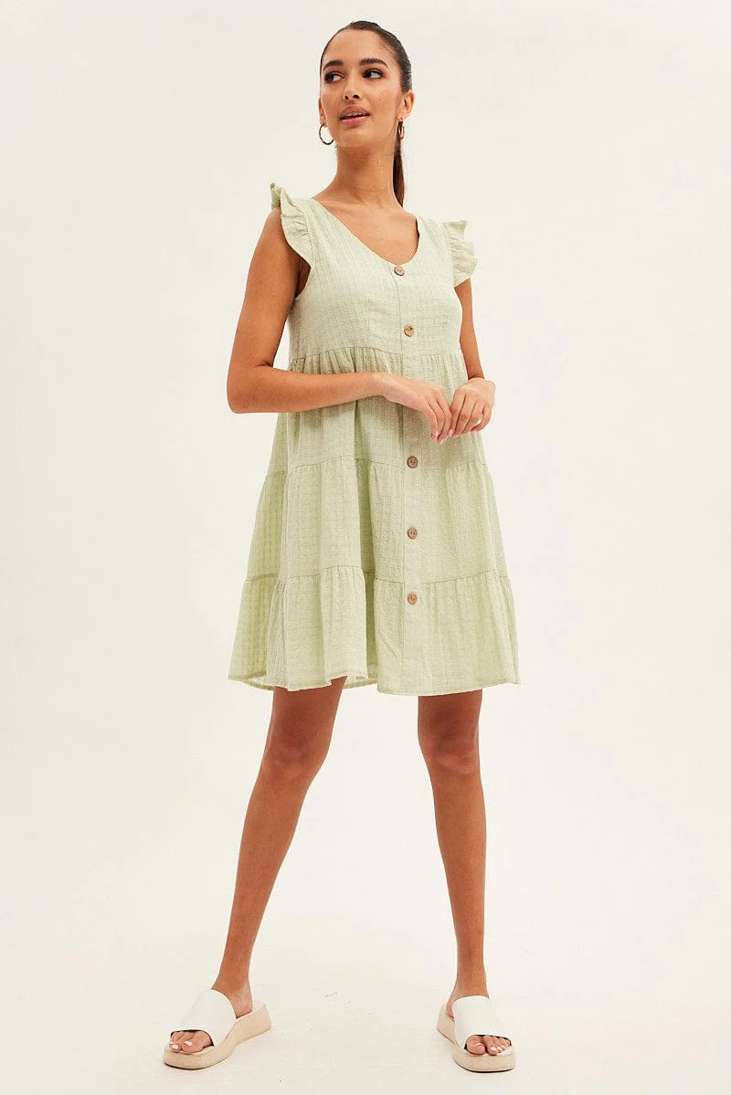 Green Button Front Mini Swing Dress