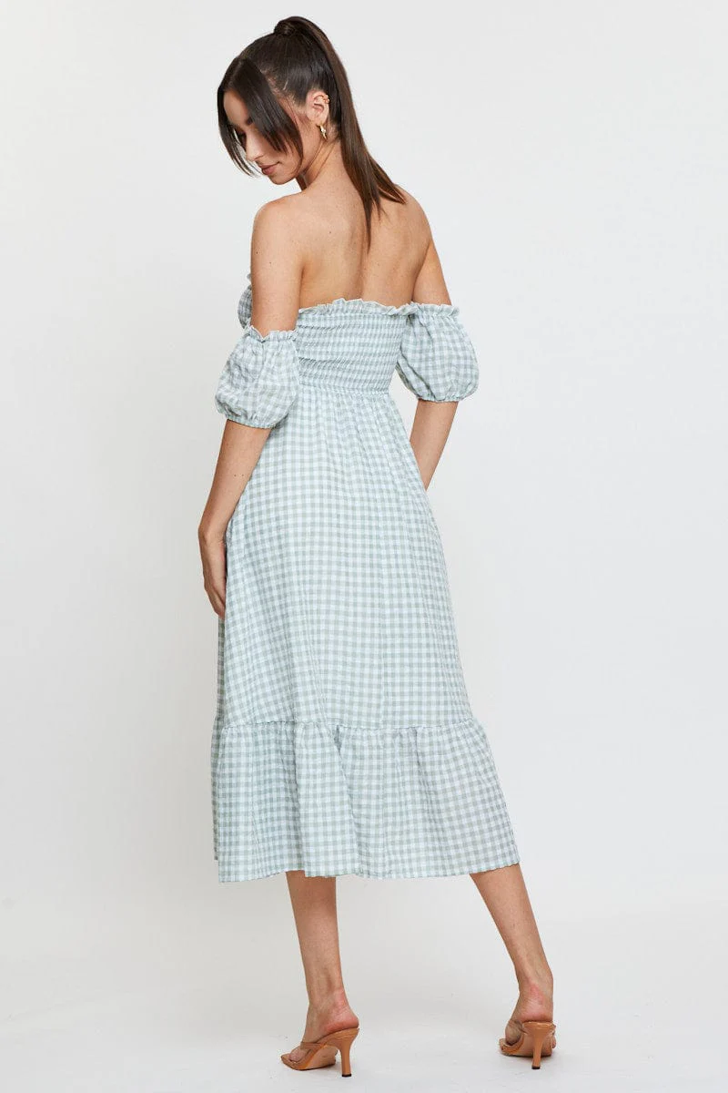Check Midi Dress Off Shoulder Short Sleeve