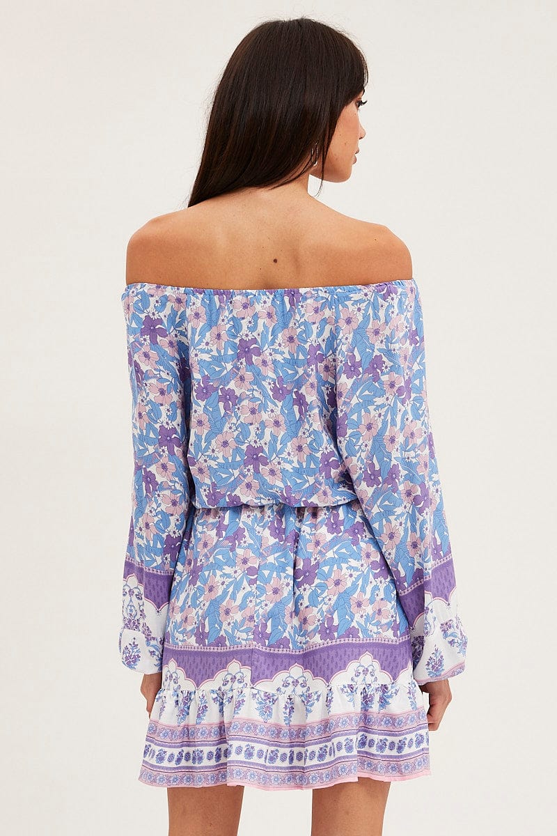 Boho Print Tie Waist Dress Long Sleeve Mini