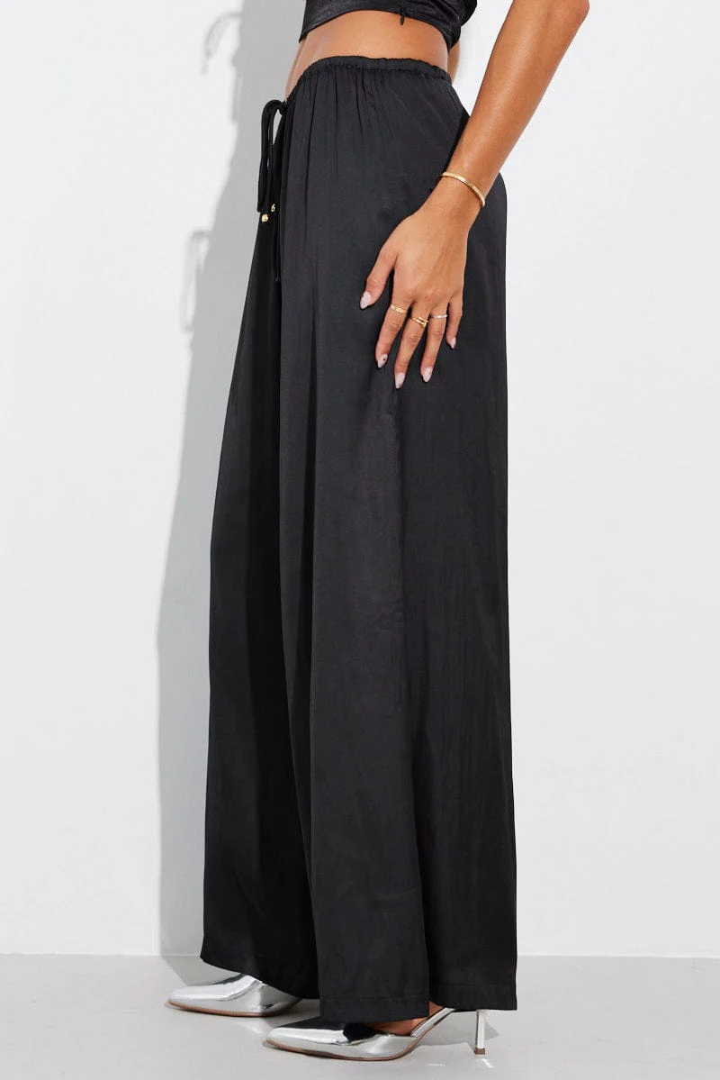 Black Wide Leg Pants High Rise Satin