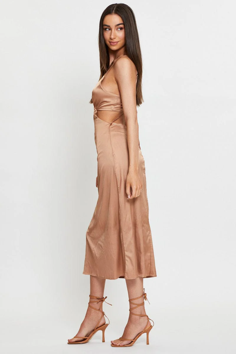 Brown Midi Dress Satin