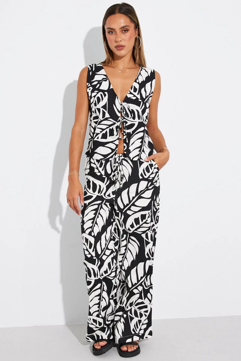 Black Abstract Tie Up Top Linen