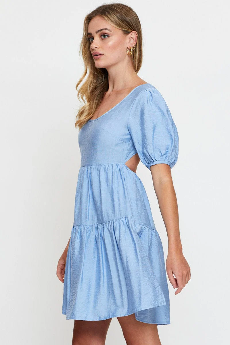 Blue Fit And Flare Dress Short Sleeve Open Back