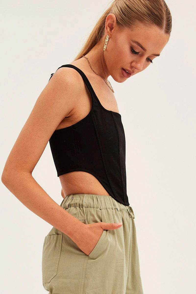 Black Corset Top Sleeveless Square Neck Structured