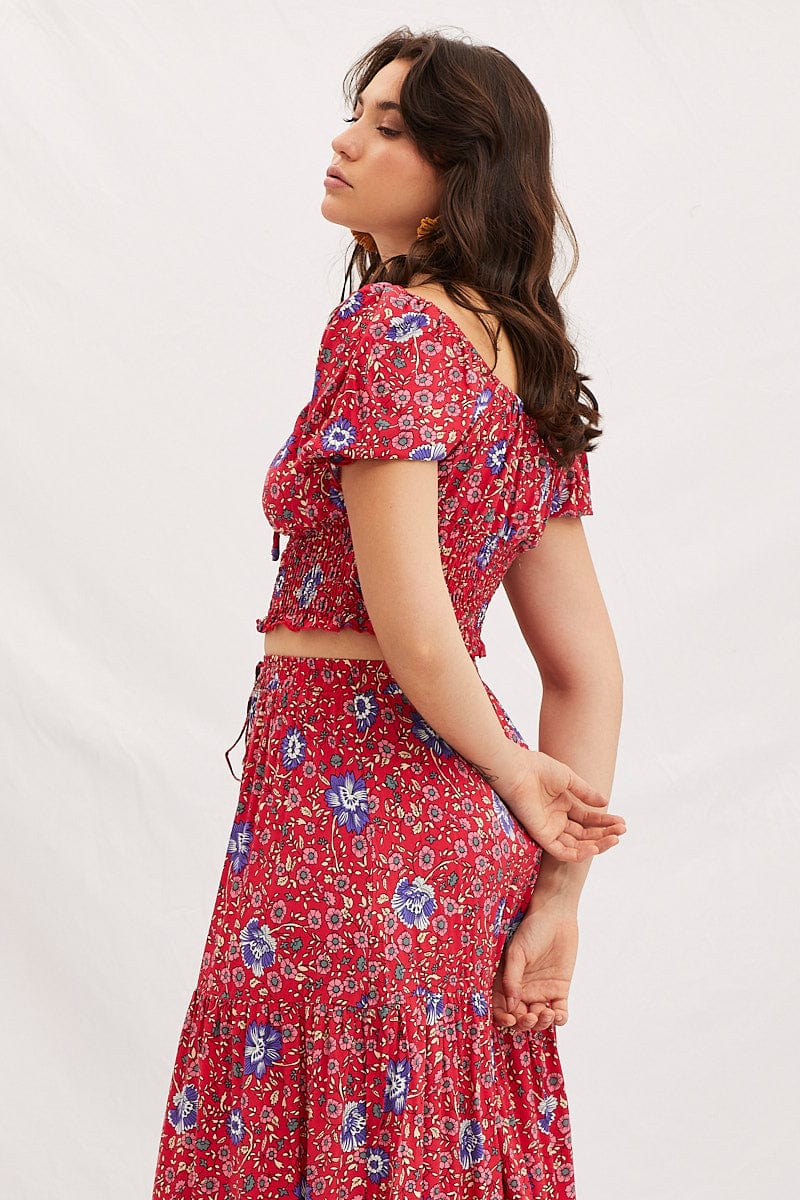 Boho Print Square Neck Puff Sleeve Crop Top