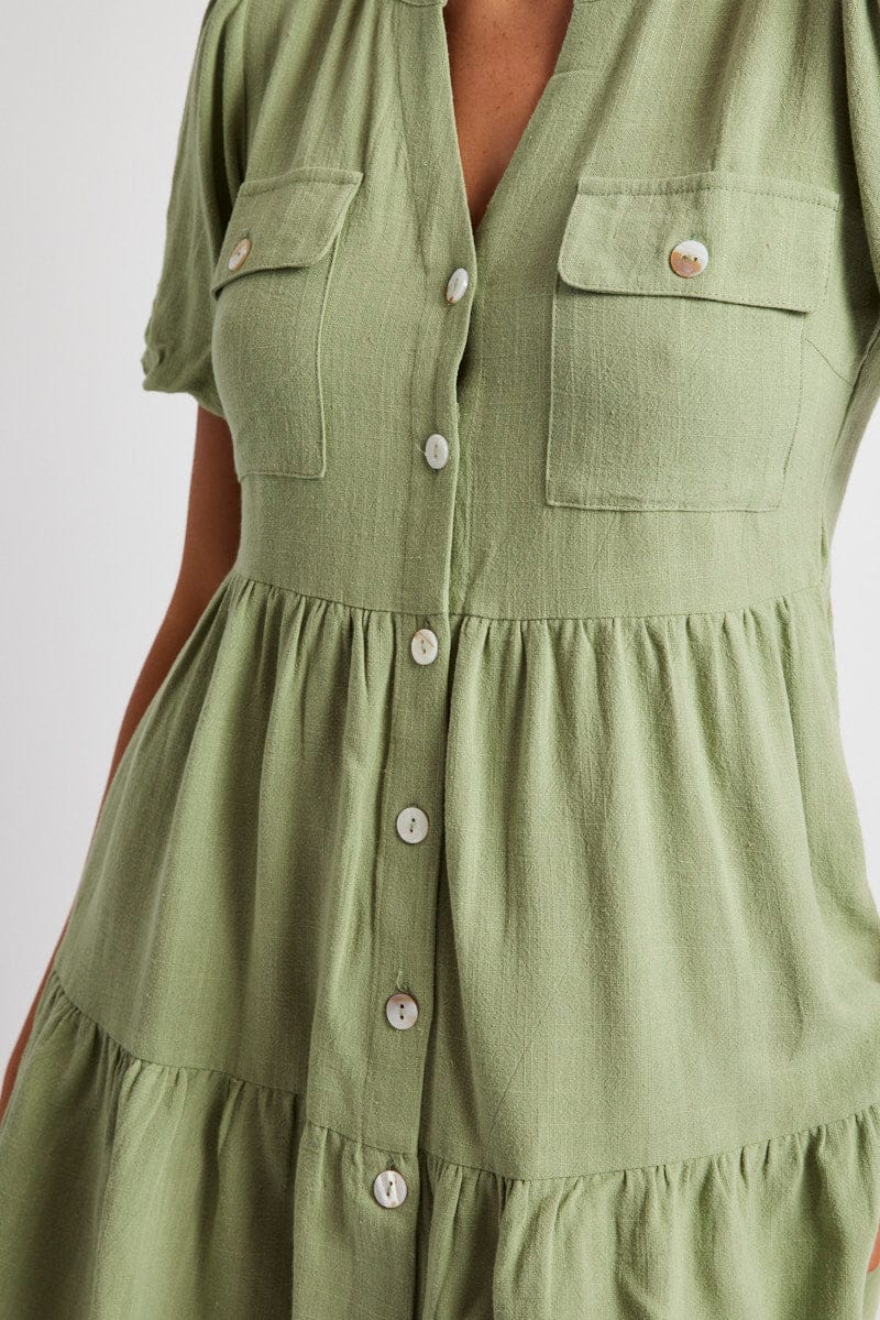 Green Button Through Mini Dress Collar Linen Blend
