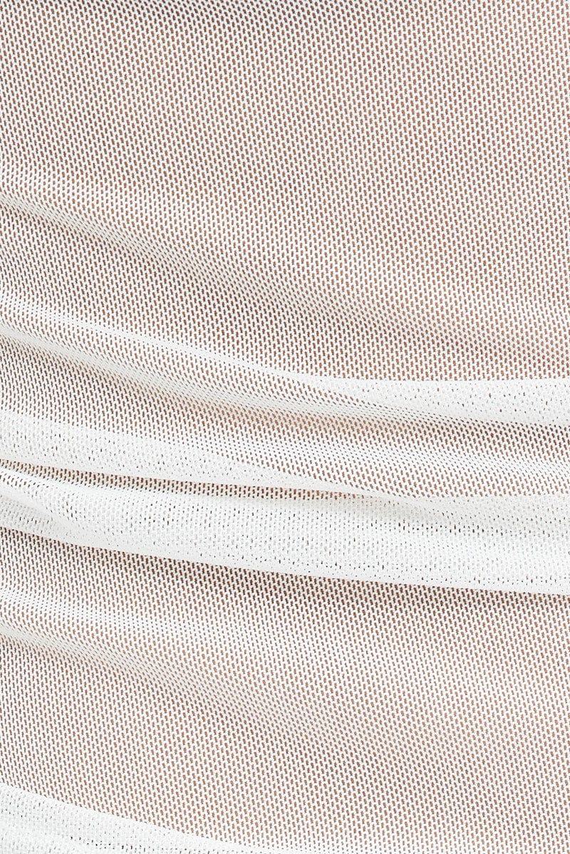 White Top Long Sleeve Round Neck Bust Detail Mesh