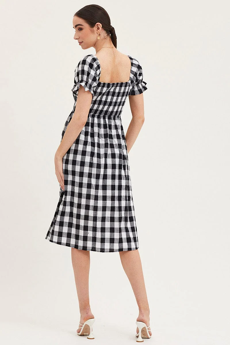 Check Shirred Dress Short Sleeve Midi