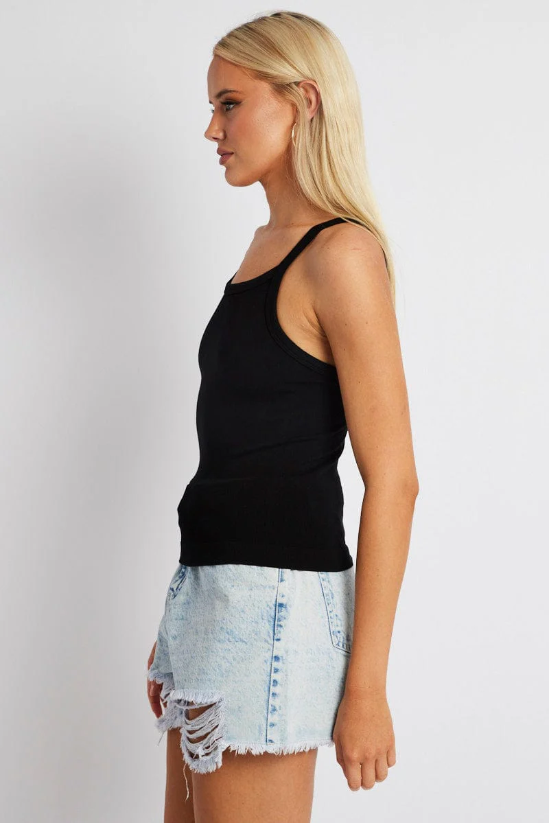 Black Singlet Top Seamless Sleeveless Longline