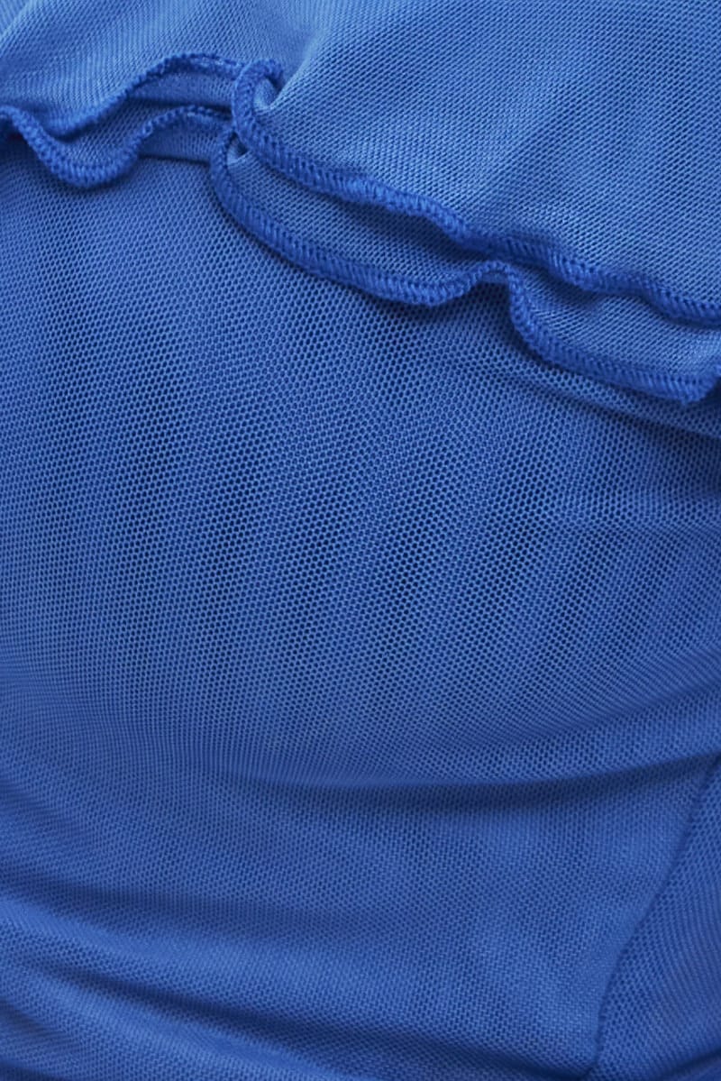 Blue Mesh Top Long Sleeve Off Shoulder Frill Lined