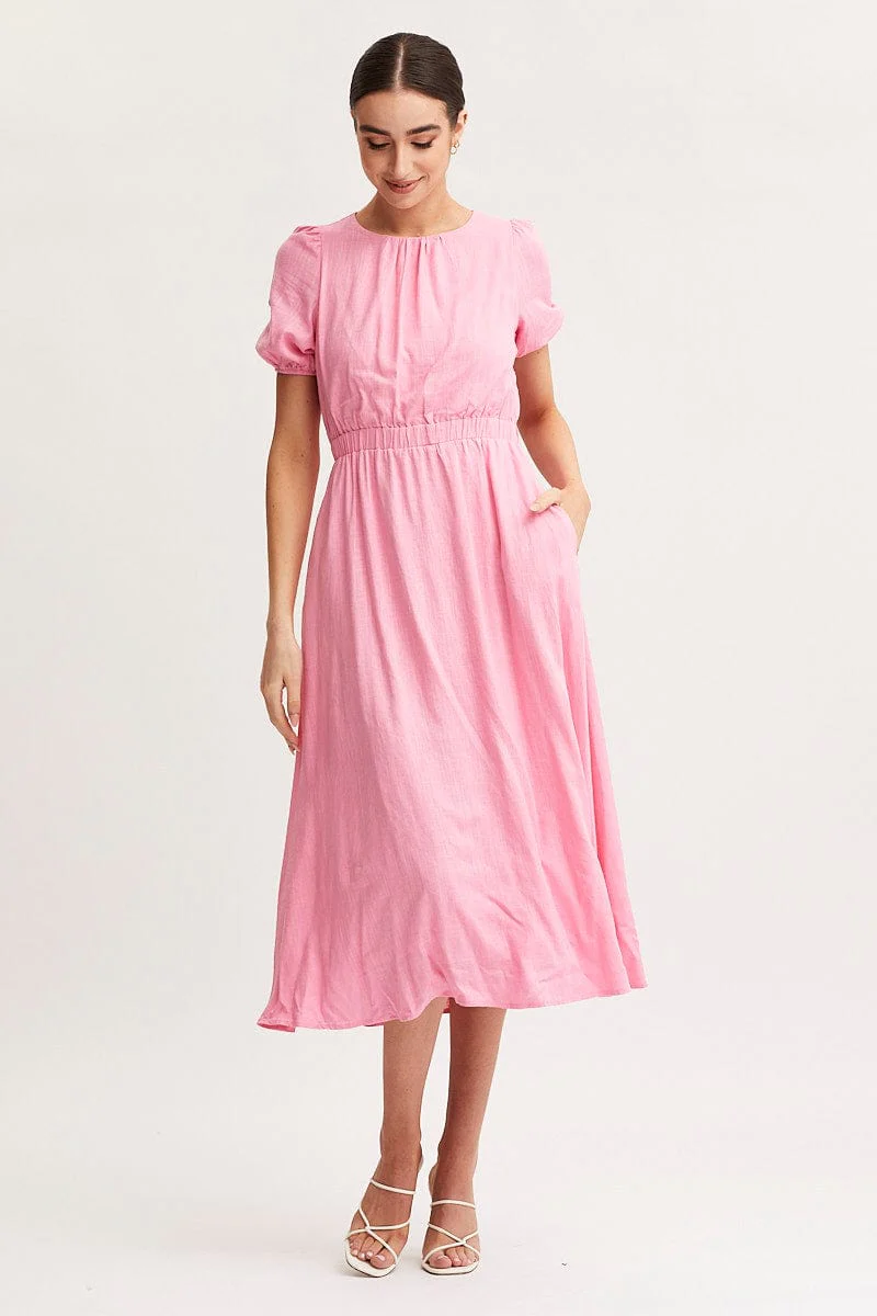 Pink Linen Blend Midi Dress