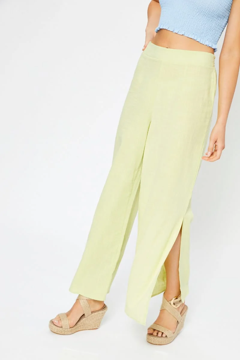 Yellow Linen Blend Elastic Side Slit Wide Leg Pants