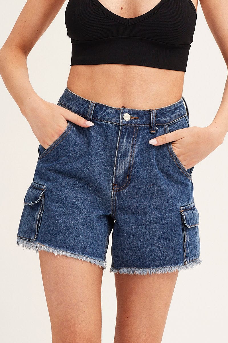 Blue Shorts Cargo High Rise