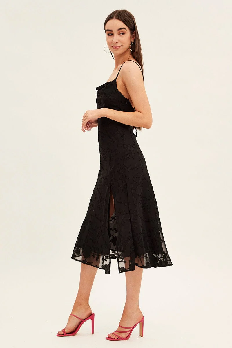 Black Midi Dress Cowl Neck Burnout
