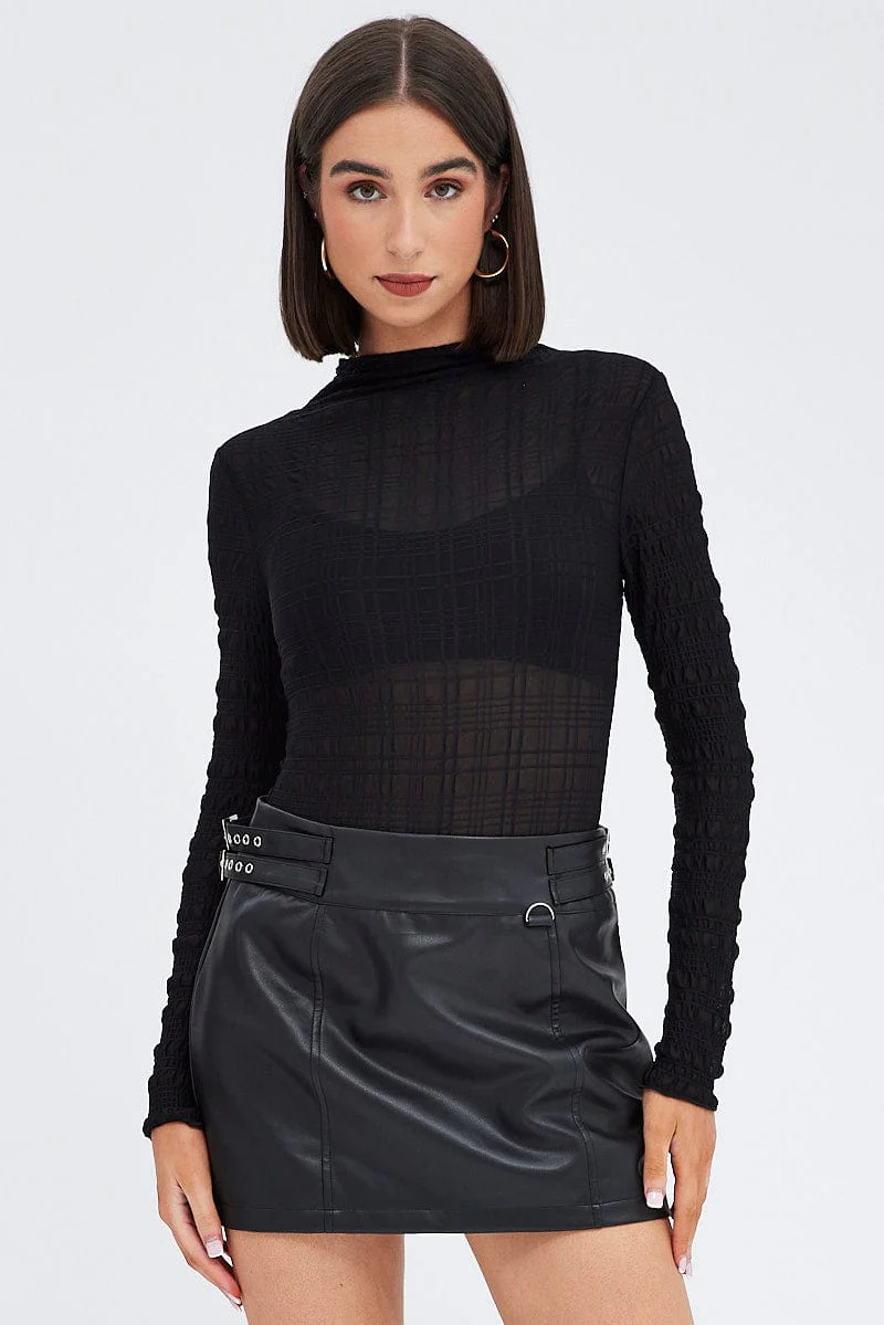 Black Sheer Bodysuit Textured Long Sleeve