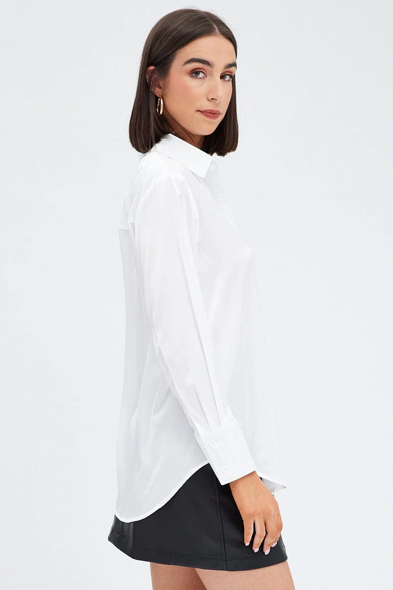 White Satin Shirt Long Sleeve Collared Neck