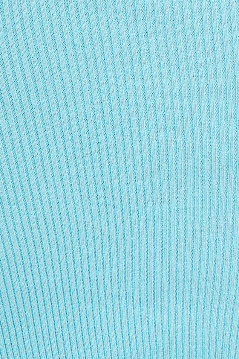 Blue Knit Top Long Sleeve Crop V-Neck