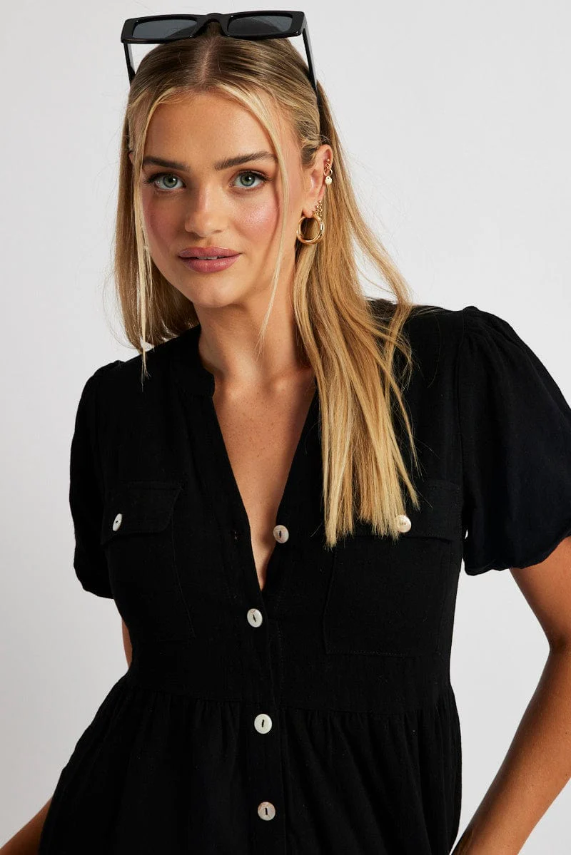 Black Button Through Mini Dress Collar Linen Blend