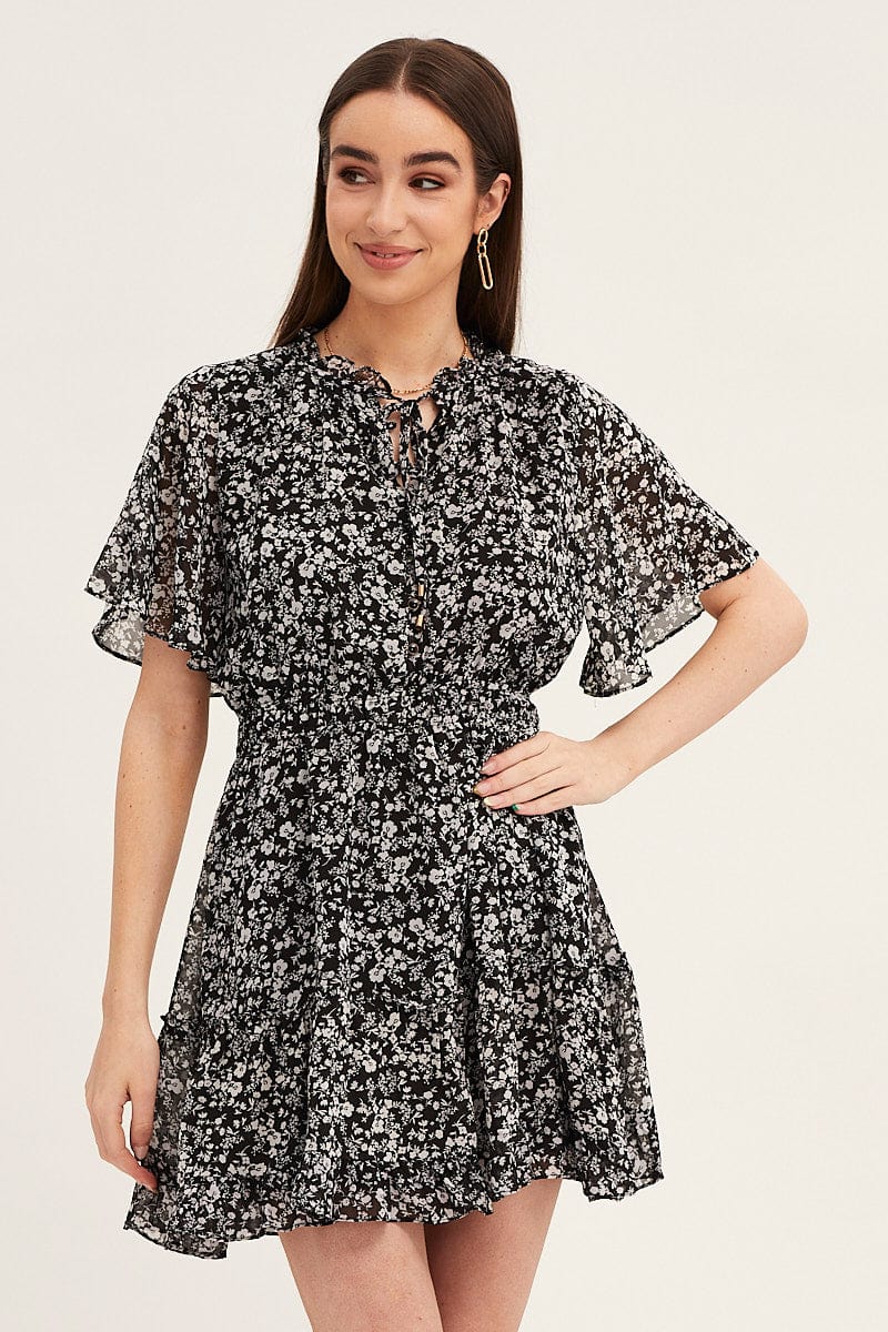 Ditsy Print Flutter Sleeve Tiered Dress