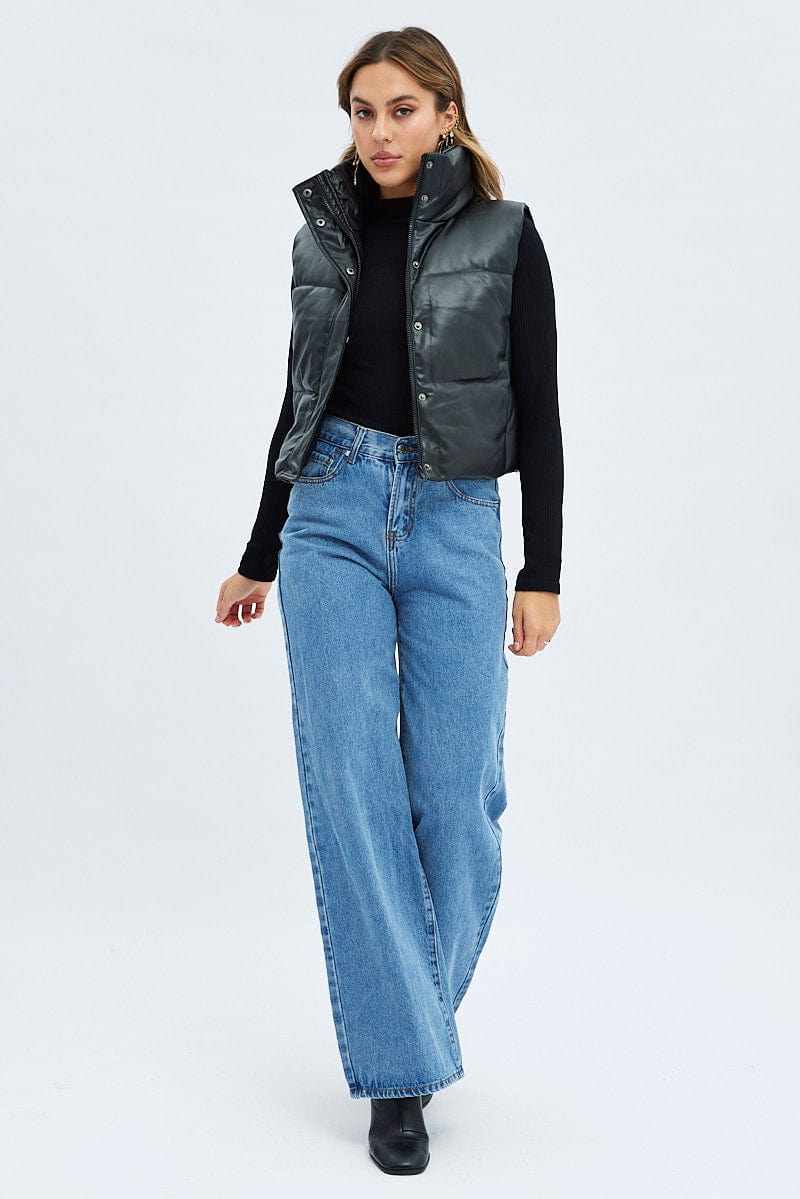 Black Puffer Zip Sleeveless Faux Leather